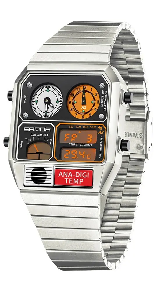 MASTOP Retro Square Digital Watch with Temperature Display 37mm (Silver White) | Analog-Digital Multifunction Watch - view 6