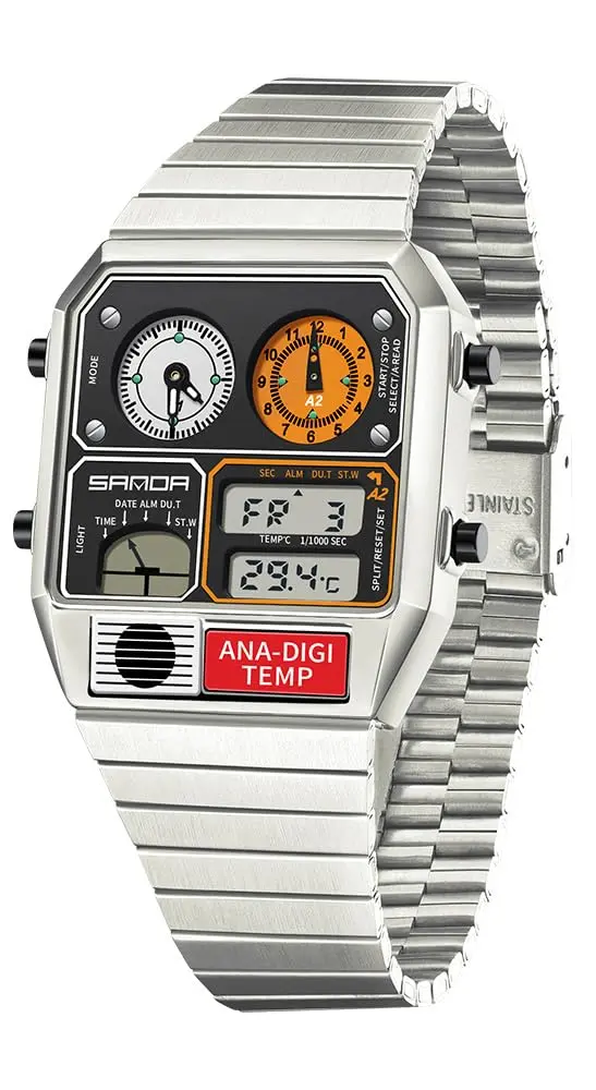 MASTOP Retro Square Digital Watch with Temperature Display 37mm (Silver White) | Analog-Digital Multifunction Watch - main product image