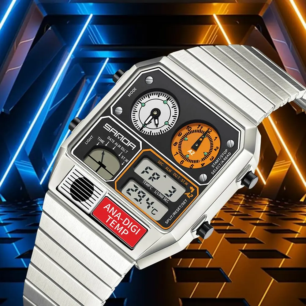 MASTOP Retro Square Digital Watch with Temperature Display 37mm (Silver White) | Analog-Digital Multifunction Watch - view 7