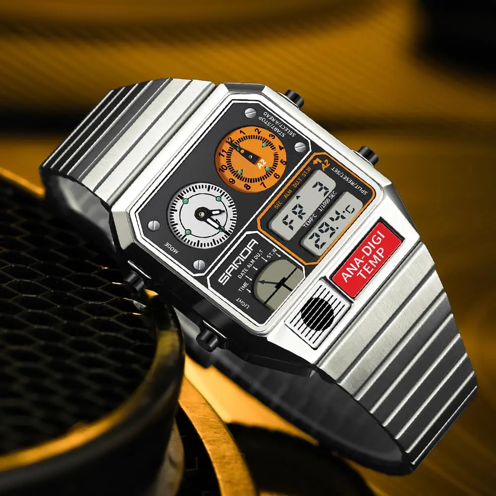 MASTOP Retro Square Digital Watch with Temperature Display 37mm (Silver White) | Analog-Digital Multifunction Watch - view 2