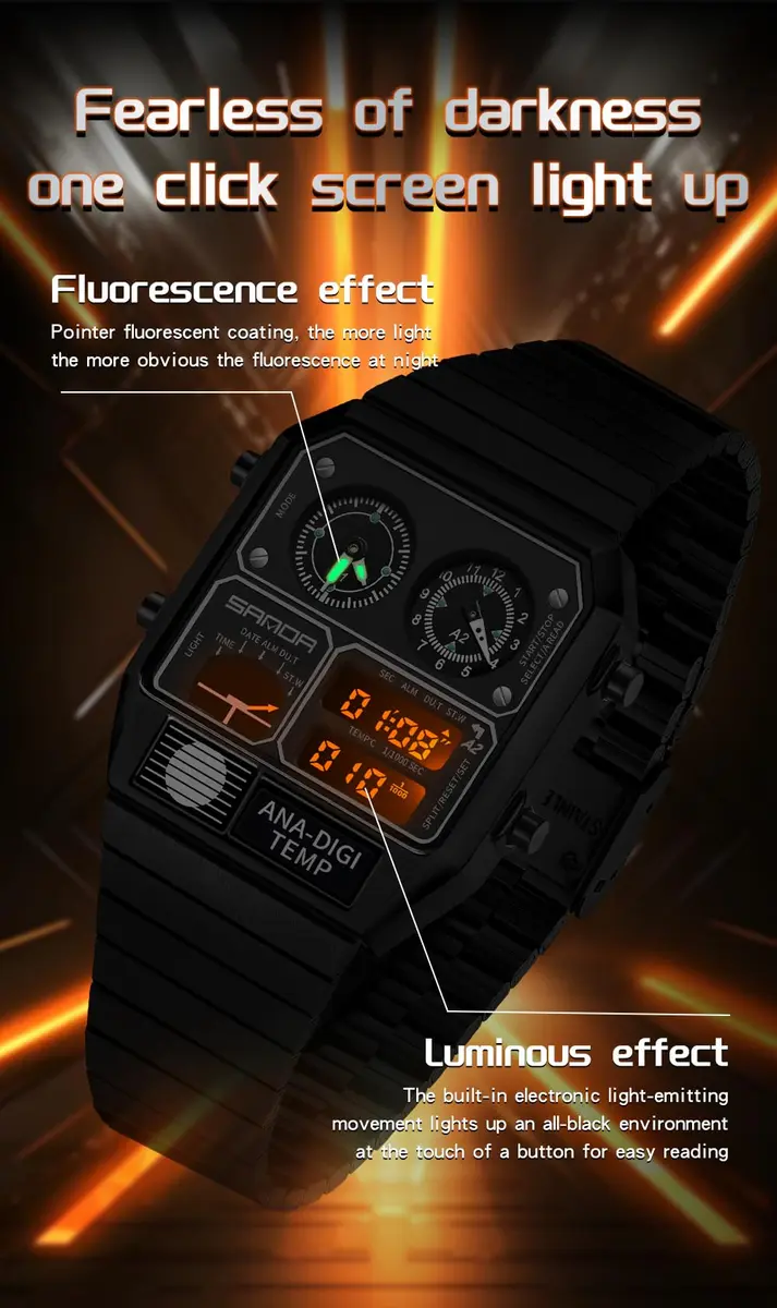 MASTOP Retro Square Analog-Digital Watch with Temperature Display 3 Time Zones Luminous Backlight 50M Waterproof Alarm Stopwatch Week/Date (All Black) - view 4