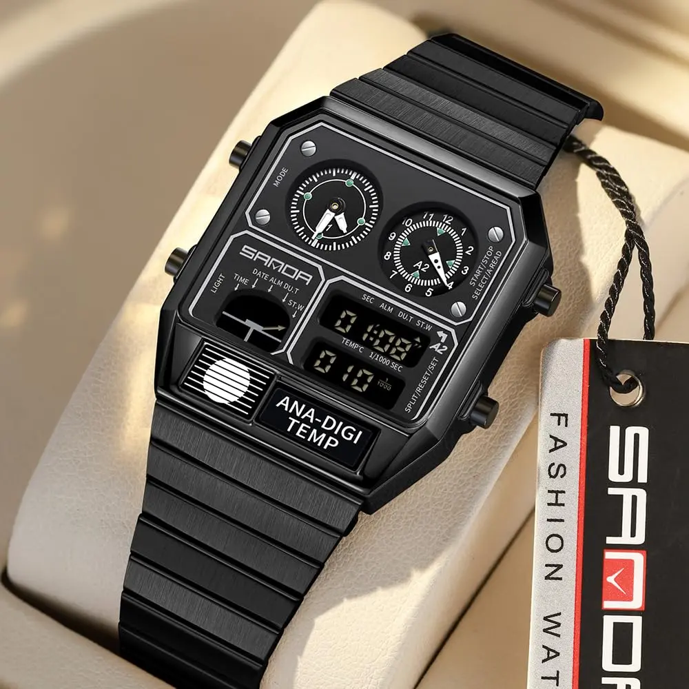 MASTOP Retro Square Analog-Digital Watch with Temperature Display 3 Time Zones Luminous Backlight 50M Waterproof Alarm Stopwatch Week/Date (All Black) - view 5