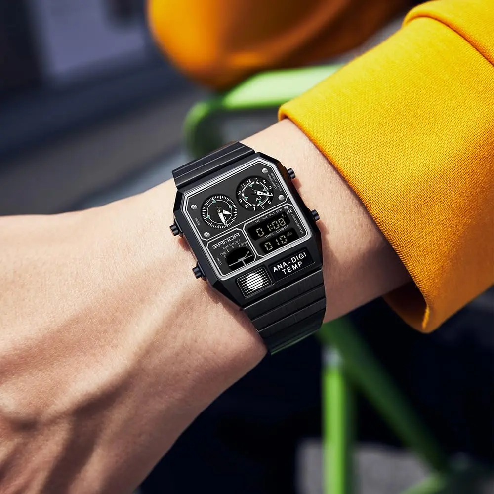 MASTOP Retro Square Analog-Digital Watch with Temperature Display 3 Time Zones Luminous Backlight 50M Waterproof Alarm Stopwatch Week/Date (All Black) - view 6
