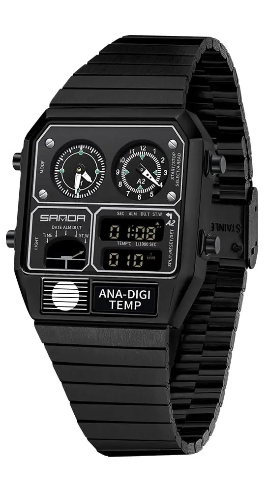 MASTOP Retro Square Analog-Digital Watch with Temperature Display 3 Time Zones Luminous Backlight 50M Waterproof Alarm Stopwatch Week/Date (All Black) - main product image