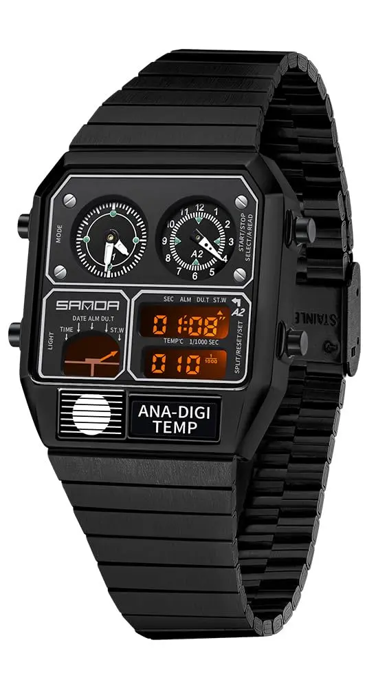 MASTOP Retro Square Analog-Digital Watch with Temperature Display 3 Time Zones Luminous Backlight 50M Waterproof Alarm Stopwatch Week/Date (All Black) - view 7