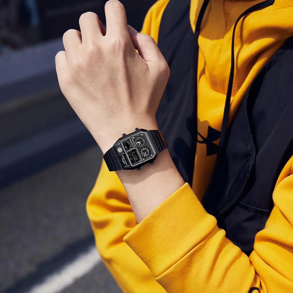 MASTOP Retro Square Analog-Digital Watch with Temperature Display 3 Time Zones Luminous Backlight 50M Waterproof Alarm Stopwatch Week/Date (All Black) - view 3
