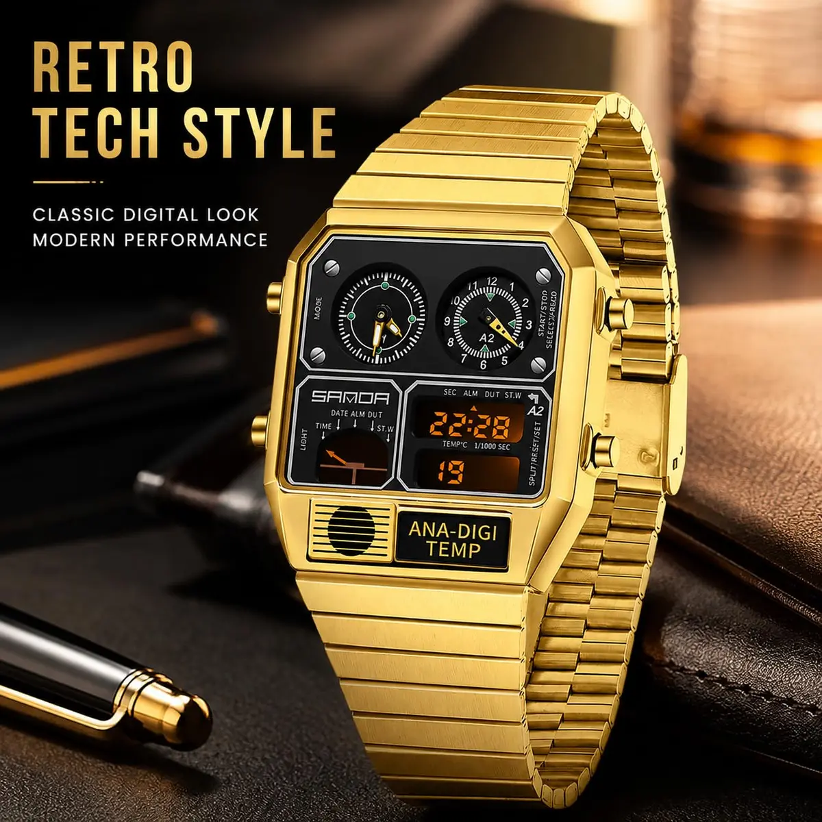 MASTOP Retro Square Digital Watch with Temperature Display 37mm | Analog-Digital Multifunction - view 5