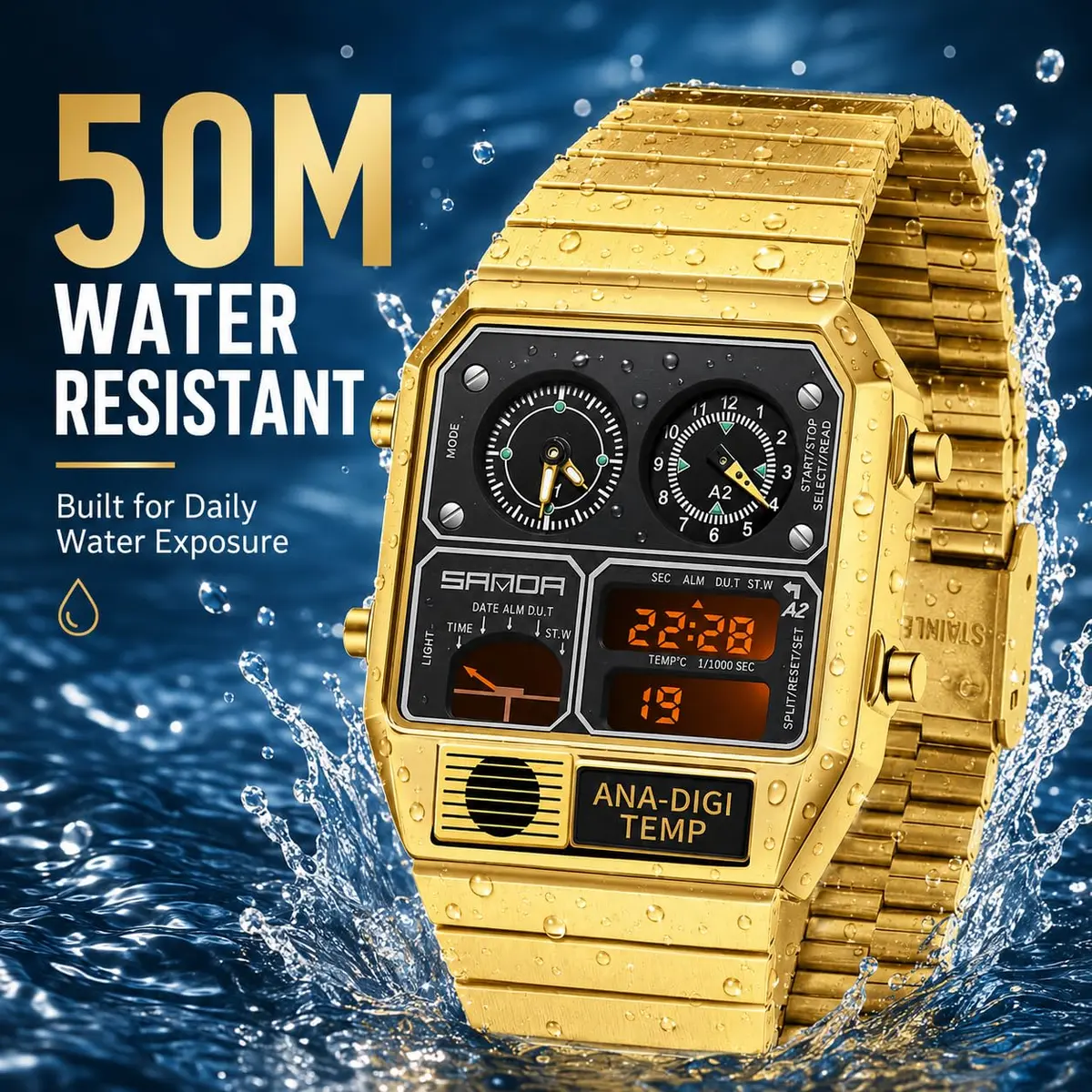 MASTOP Retro Square Digital Watch with Temperature Display 37mm | Analog-Digital Multifunction - view 7