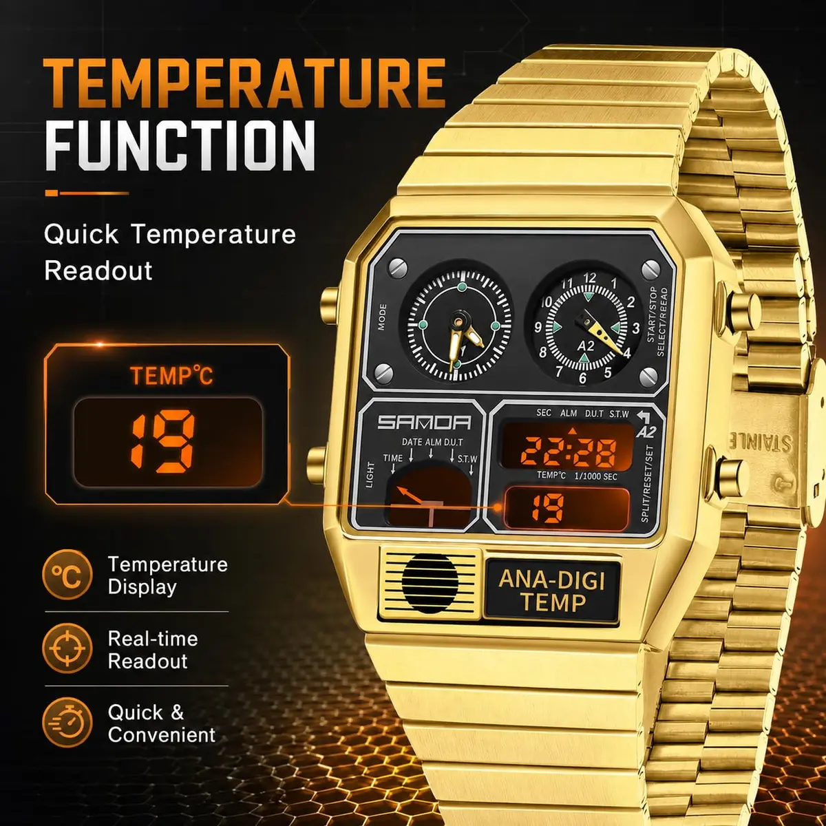 MASTOP Retro Square Digital Watch with Temperature Display 37mm | Analog-Digital Multifunction - view 2