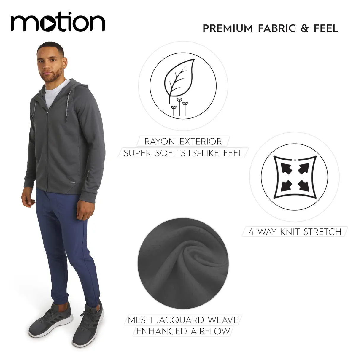 Motion Men's Regular Fit Active Heavyweight Jacquard Mesh Full Zip Hoodie, Charcoal, Medium | Performance & Style - view 4