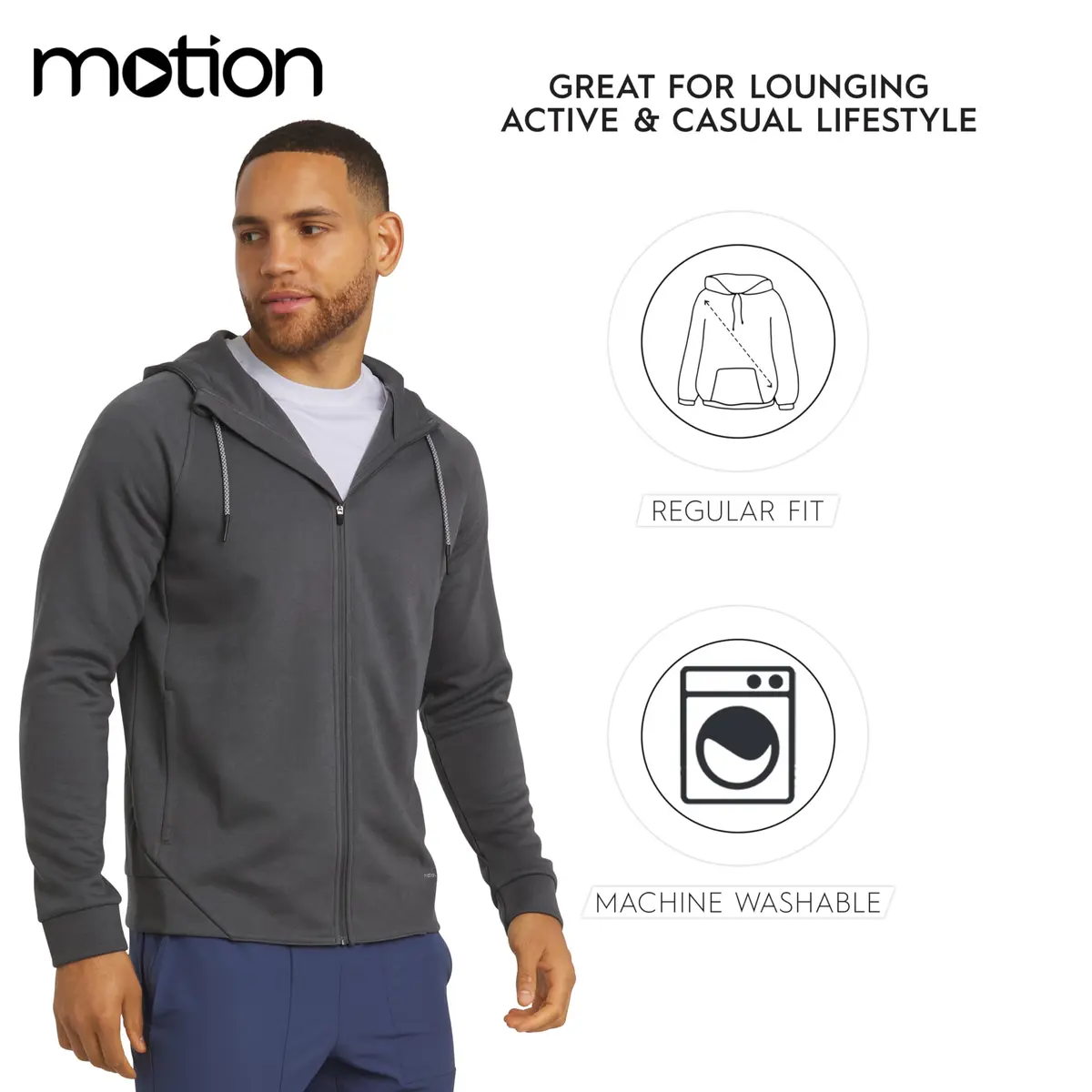 Motion Men's Regular Fit Active High Performance Heavyweight Jacquard Mesh Full Zip Hoodie, Charcoal, Large | Versatile & Durable - view 6