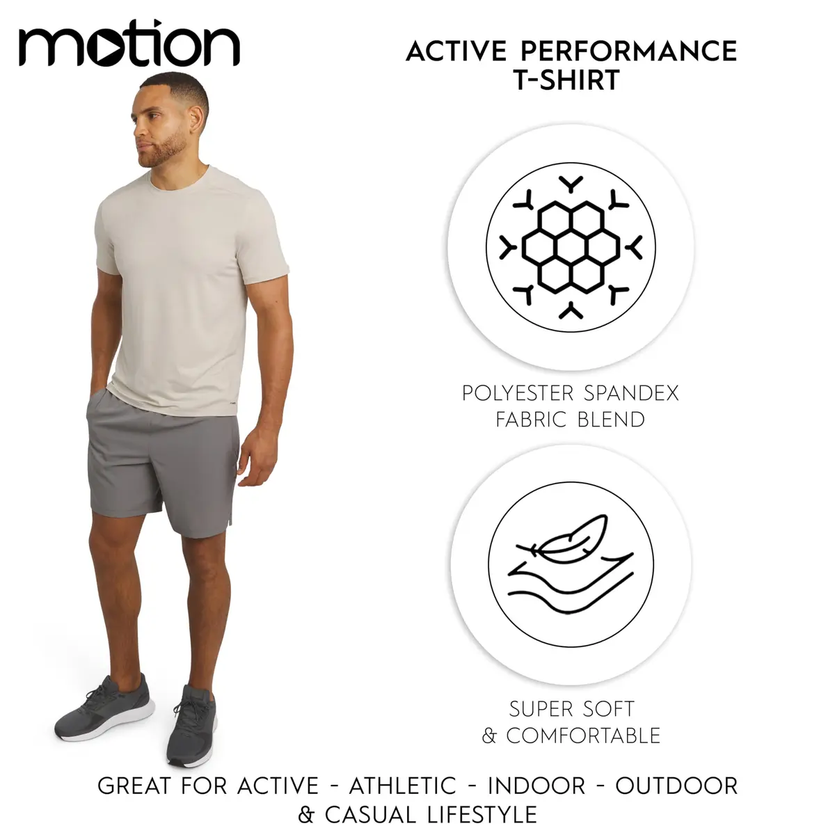 Motion Men's Slim Fit Tee Active Performance Super Soft Stretchable T-Shirt, Bone, Large | Lightweight, breathable, support for active men - view 2