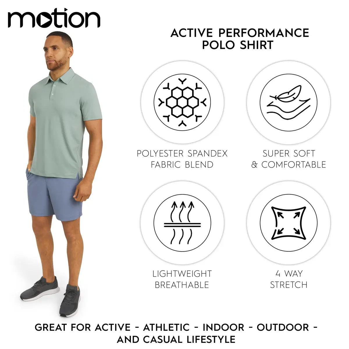 Motion Men's Slim Fit Active Performance Polo Shirt Dusty Palm Large | Moisture-Wicking & Stretchable - view 2