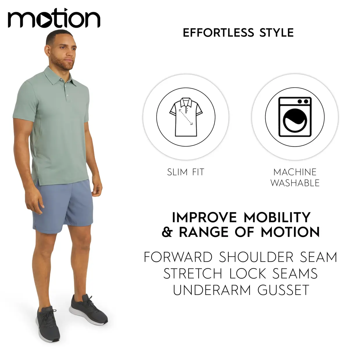 Motion Men's Slim Fit Active Performance Polo Shirt Dusty Palm Large | Moisture-Wicking & Stretchable - view 3