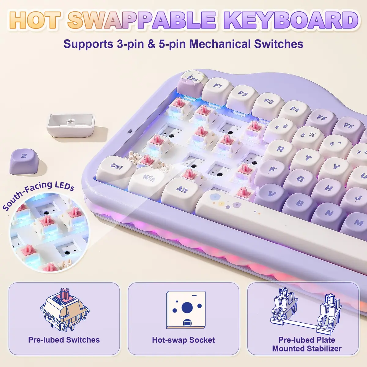 YUNZII C75 Cute 75% Wireless Mechanical Keyboard Purple Candy Switch | Hot-Swappable, Tri-Mode Connectivity, 5500mAh Battery - view 5