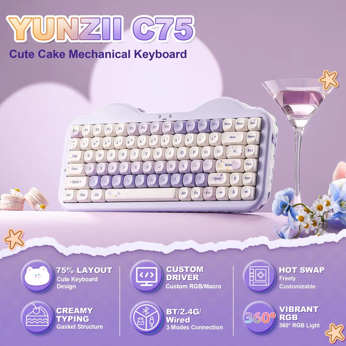 YUNZII C75 Cute 75% Wireless Mechanical Keyboard Purple Candy Switch | Hot-Swappable, Tri-Mode Connectivity, 5500mAh Battery - view 2