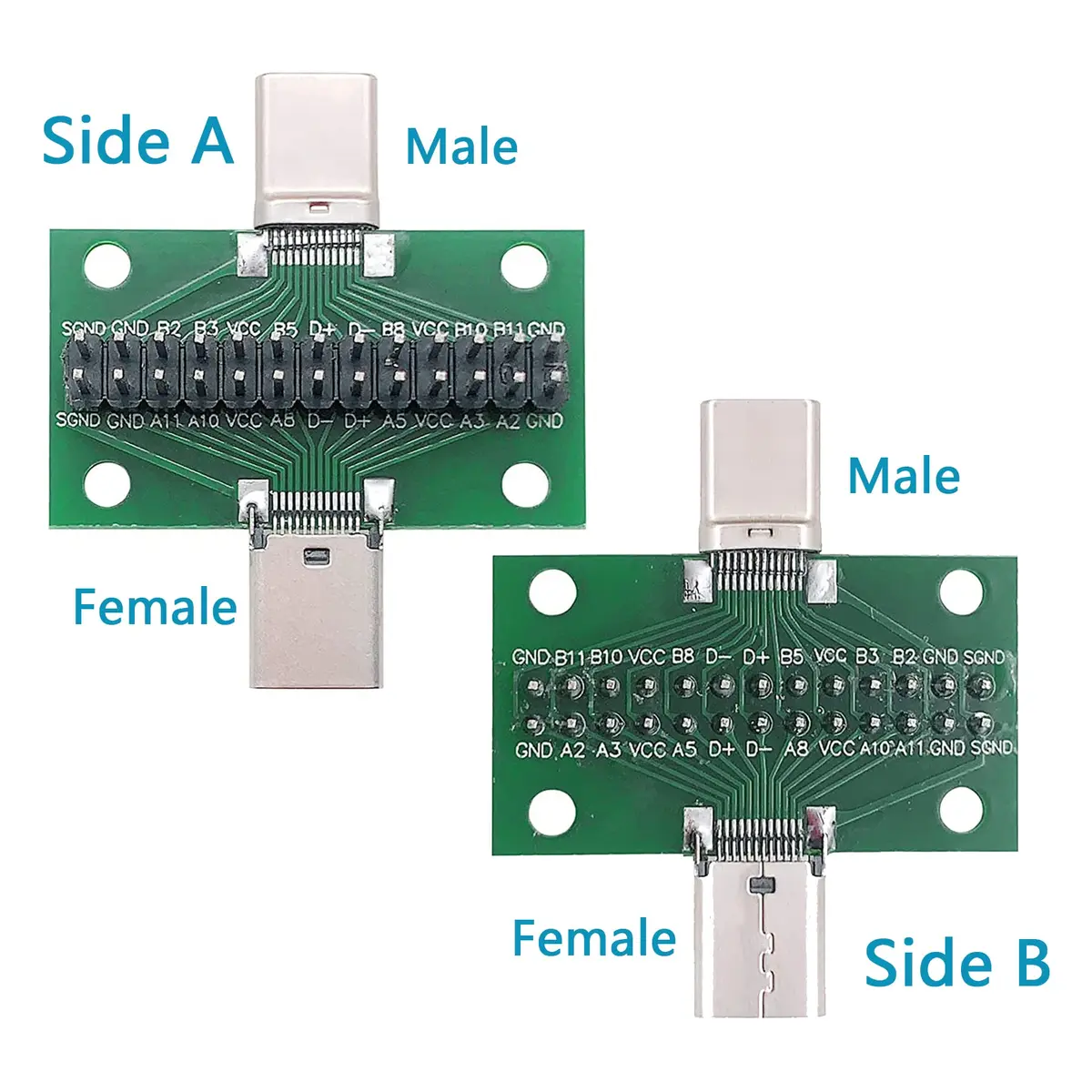 minidodoca USB 3.1 Type-C Male to Female Test Board 24 Pins | PCB Connector for Data Transfer - 2 pcs - view 2