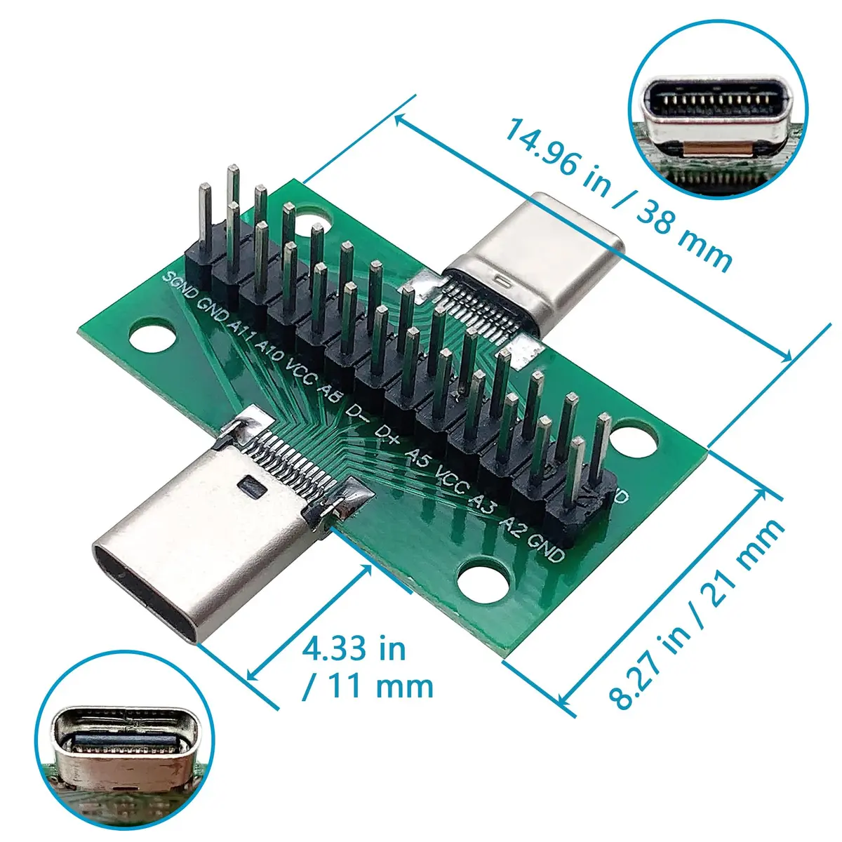 minidodoca USB 3.1 Type-C Male to Female Test Board 24 Pins | PCB Connector for Data Transfer - 2 pcs - view 3