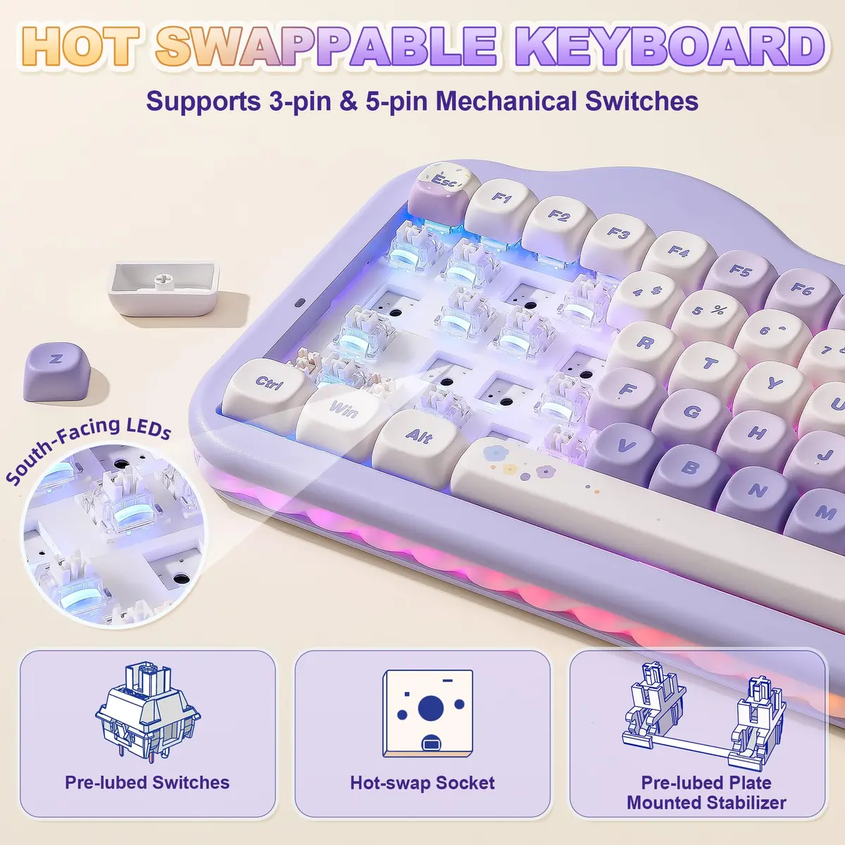 YUNZII C75 Cute 75% Wireless Mechanical Keyboard Purple Milk V2 Switch | 84-Key Compact Layout with RGB Backlighting - view 5