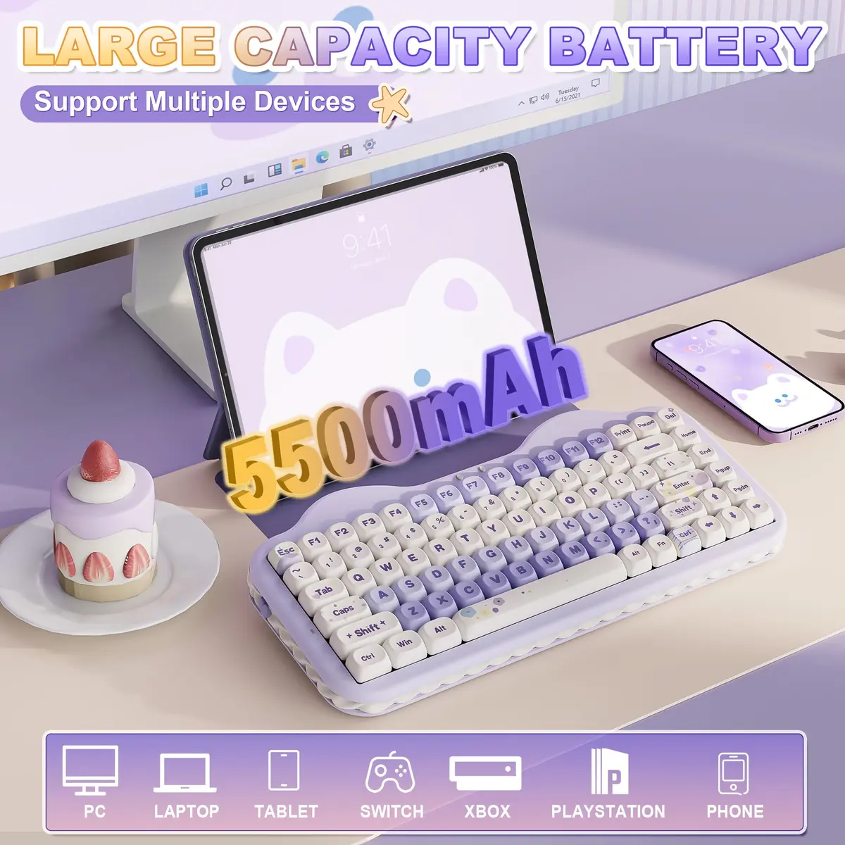 YUNZII C75 Cute 75% Wireless Mechanical Keyboard Purple Milk V2 Switch | 84-Key Compact Layout with RGB Backlighting - view 6