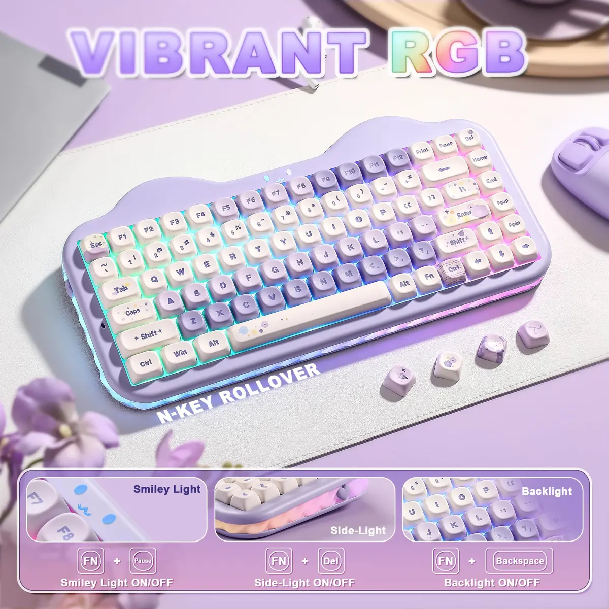 YUNZII C75 Cute 75% Wireless Mechanical Keyboard Purple Milk V2 Switch | 84-Key Compact Layout with RGB Backlighting - view 7