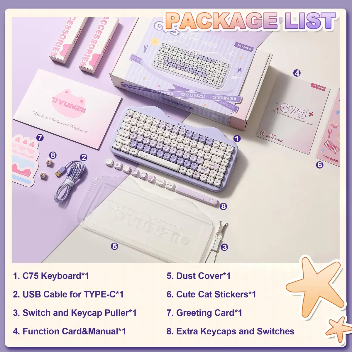YUNZII C75 Cute 75% Wireless Mechanical Keyboard Purple Milk V2 Switch | 84-Key Compact Layout with RGB Backlighting - view 9