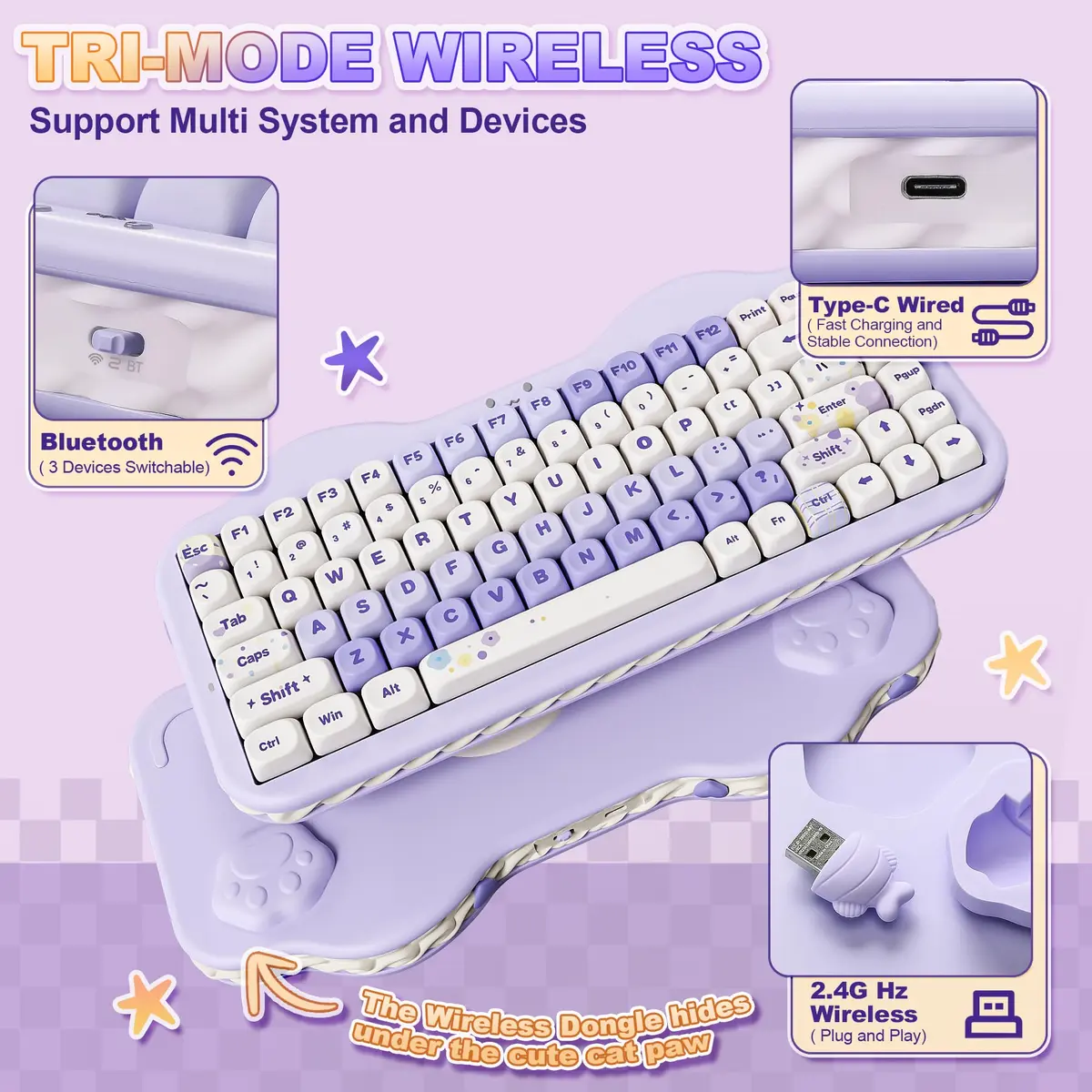 YUNZII C75 Cute 75% Wireless Mechanical Keyboard Purple Milk V2 Switch | 84-Key Compact Layout with RGB Backlighting - view 3