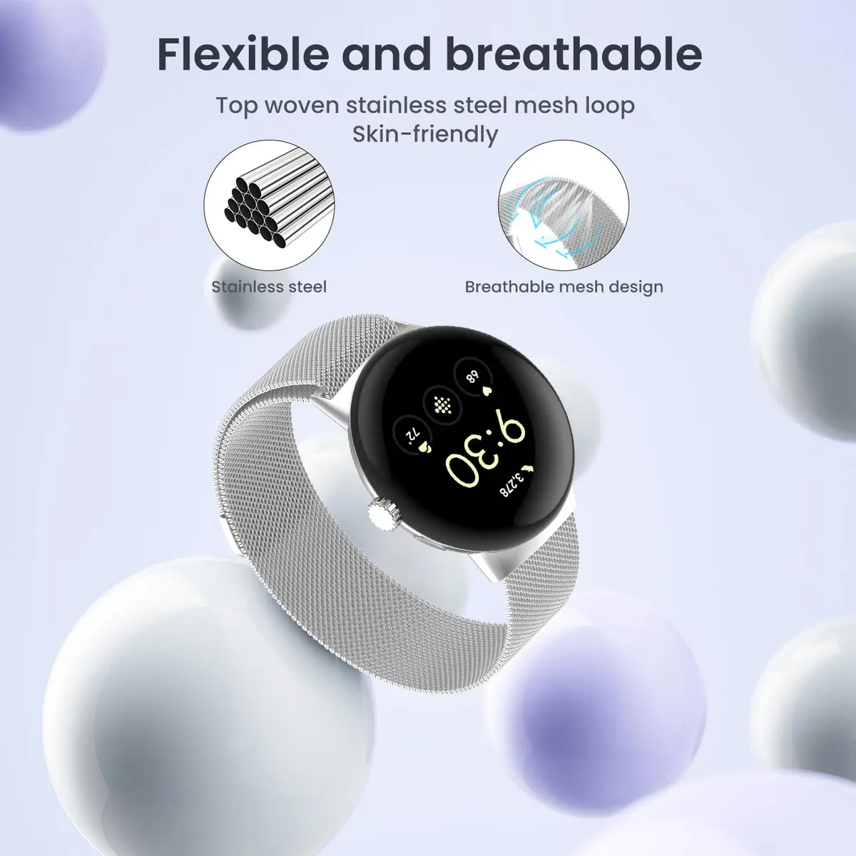 KONXISA Silver Stainless Steel Mesh Watch Band for Google Pixel Watch 5/4/3/2/1 41mm | Magnetic Closure - view 2