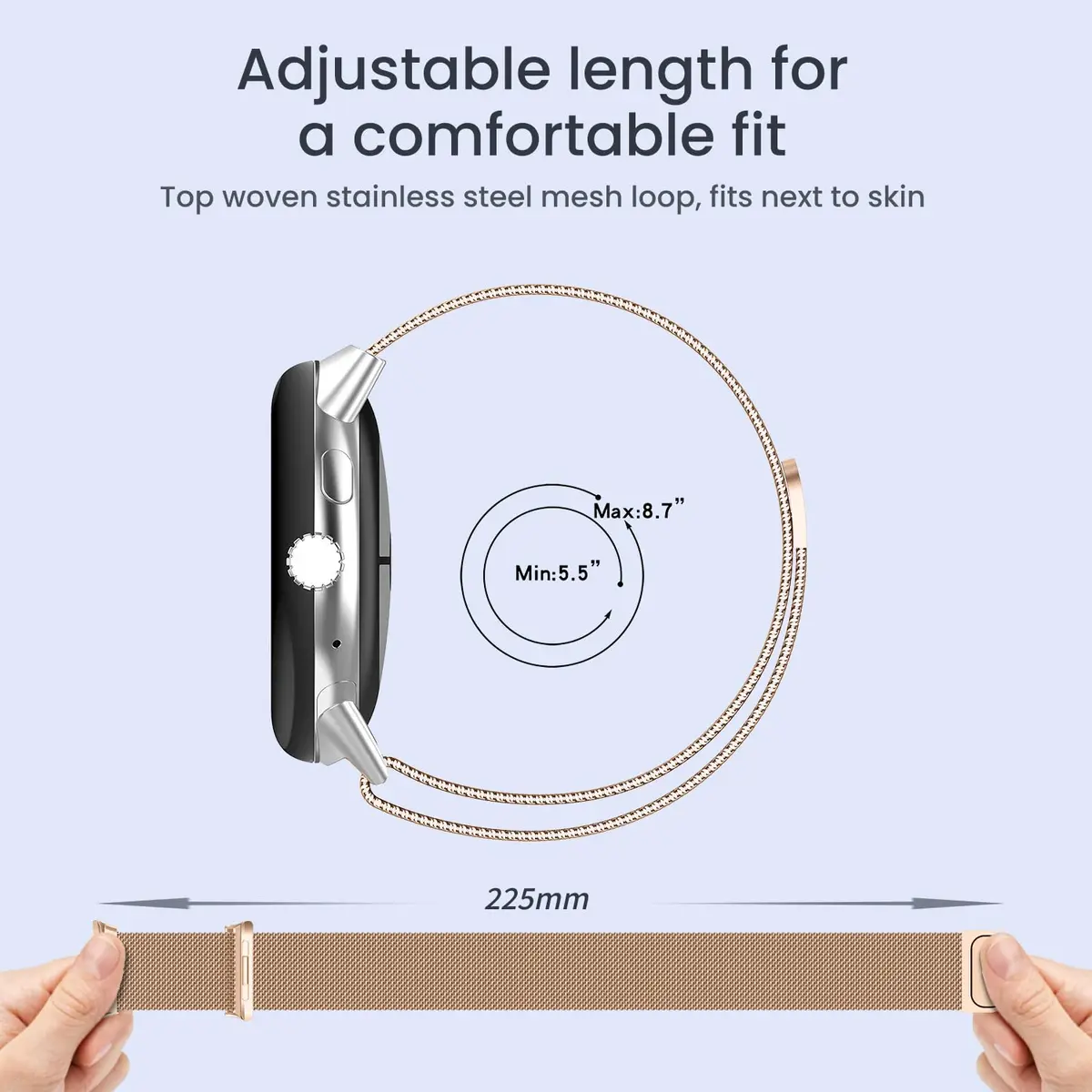 KONXISA Metal Mesh Watch Band for Google Pixel Watch 5/4/3 45mm, Rose Gold | Magnetic Closure, 22mm Width - view 5