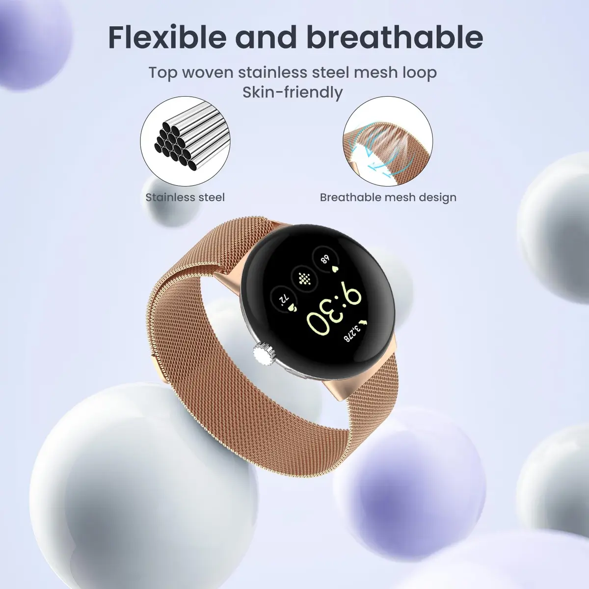 KONXISA Metal Mesh Watch Band for Google Pixel Watch 5/4/3 45mm, Rose Gold | Magnetic Closure, 22mm Width - view 2