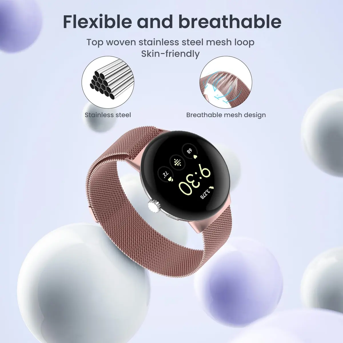 KONXISA Rose Pink Metal Sport Band for Google Pixel Watch 5/4/3 45mm | Magnetic Stainless Steel Mesh Strap - view 2