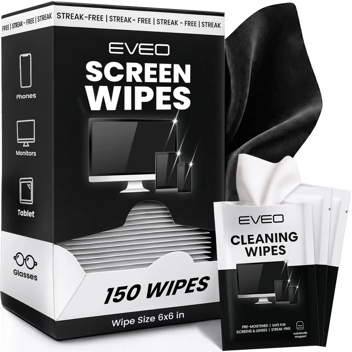 EVEO Screen Wipes 150 Pack | Streak-Free Cleaning for Electronics, Screens, and Lenses - main product image