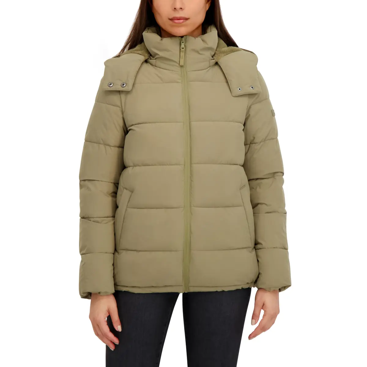 HFX Women's Stretch Removable Hood Puffer Jacket, Moss Green, Large | Water-Resistant, Recycled Insulation - main product image