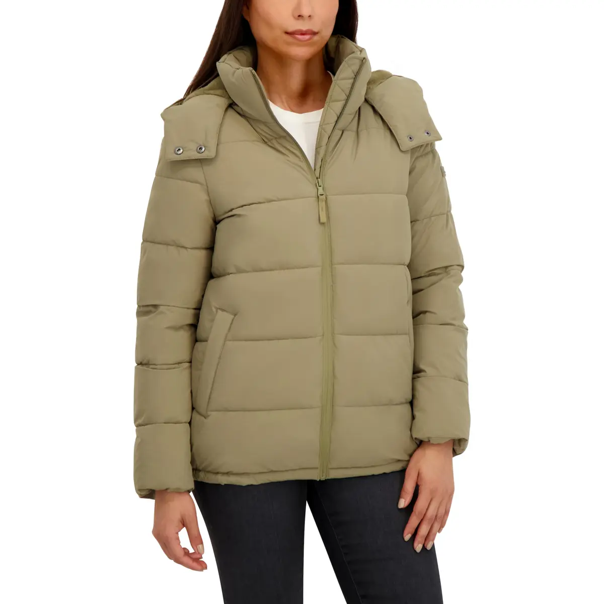 HFX Women's Stretch Removable Hood Puffer Jacket, Moss Green, Large | Water-Resistant, Recycled Insulation - view 5
