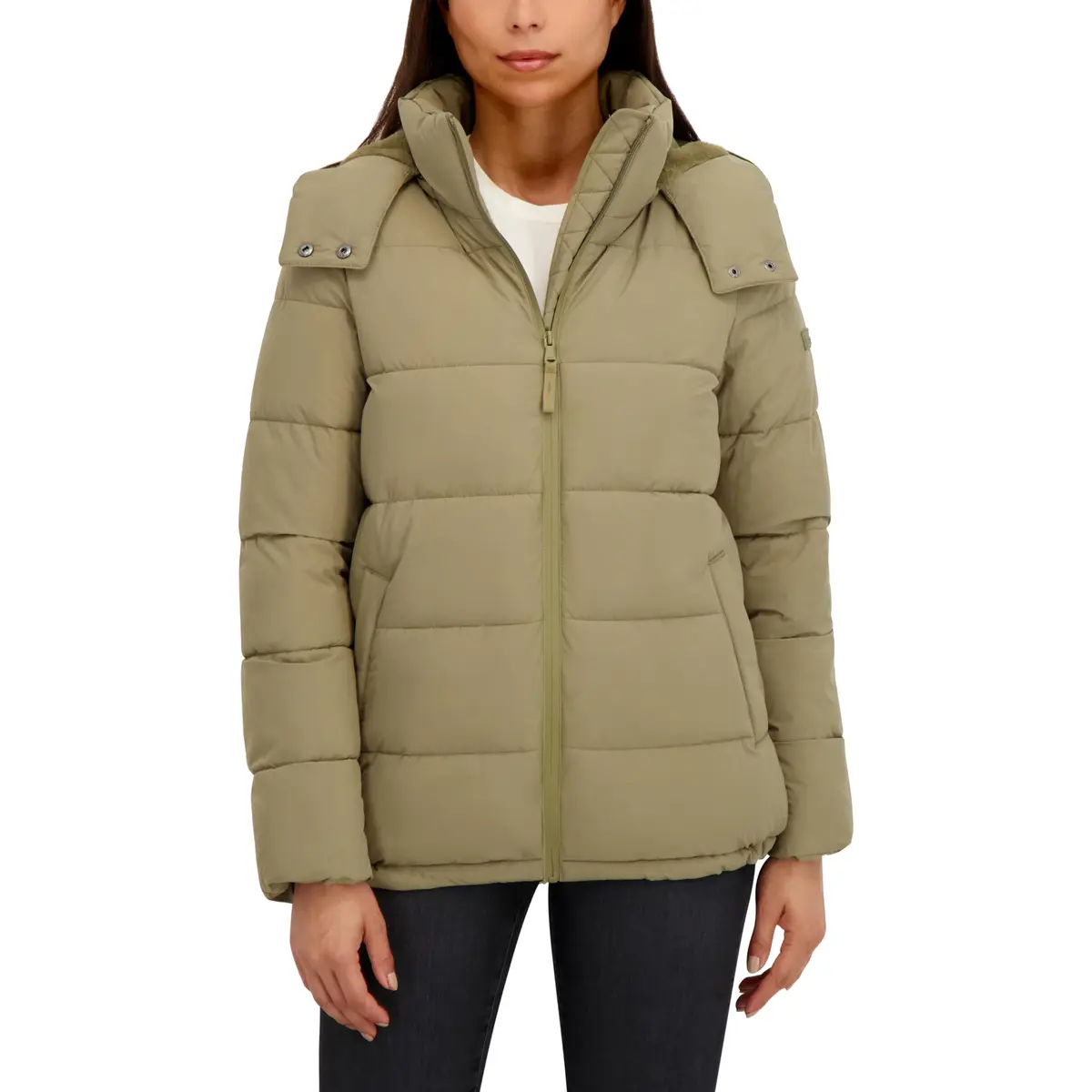 HFX Women's Stretch Removable Hood Puffer Jacket, Moss Green, Large | Water-Resistant, Recycled Insulation - view 6