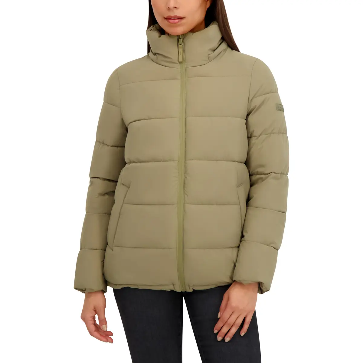 HFX Women's Stretch Removable Hood Puffer Jacket, Moss Green, Large | Water-Resistant, Recycled Insulation - view 2