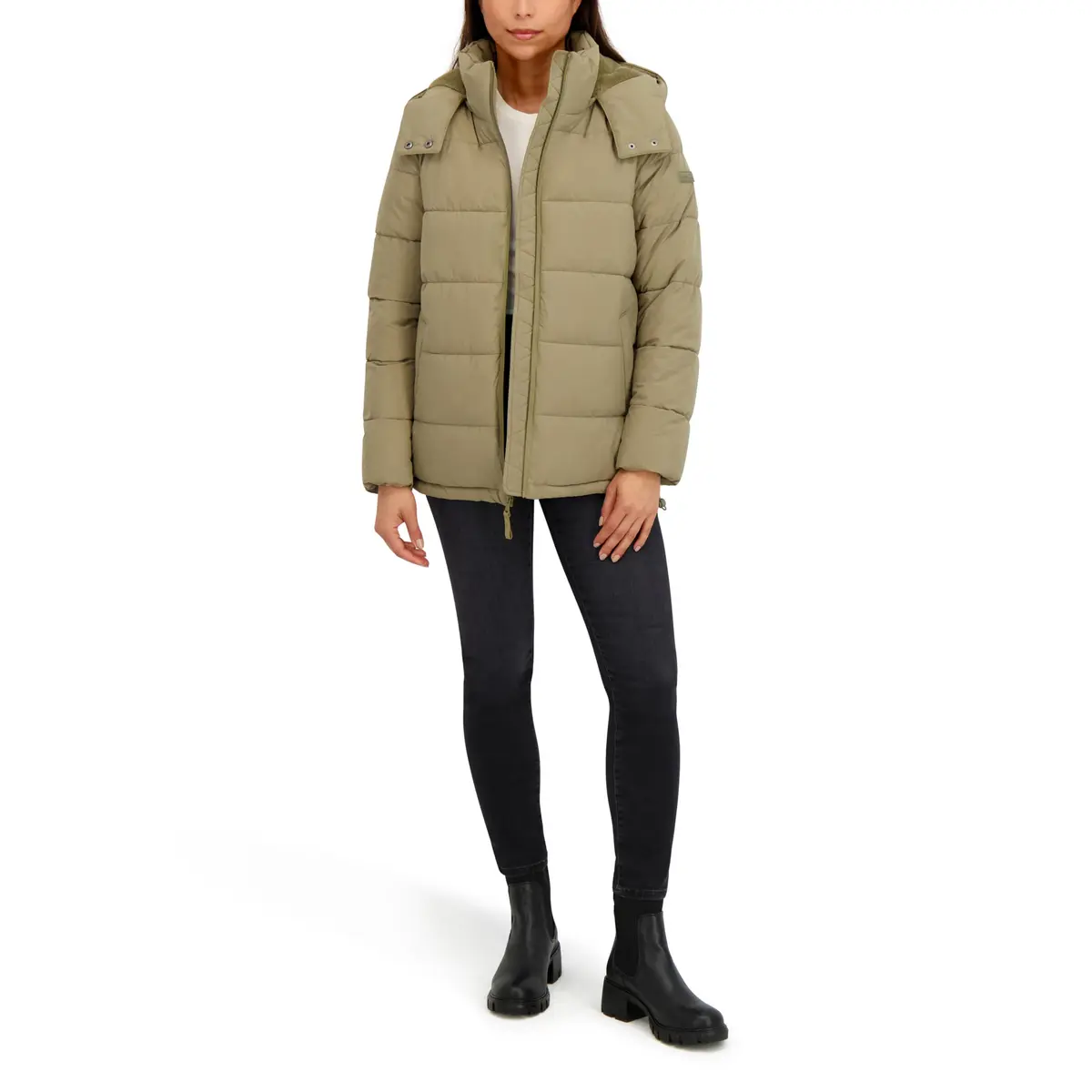 HFX Women's Stretch Removable Hood Puffer Jacket, Moss Green, Large | Water-Resistant, Recycled Insulation - view 4