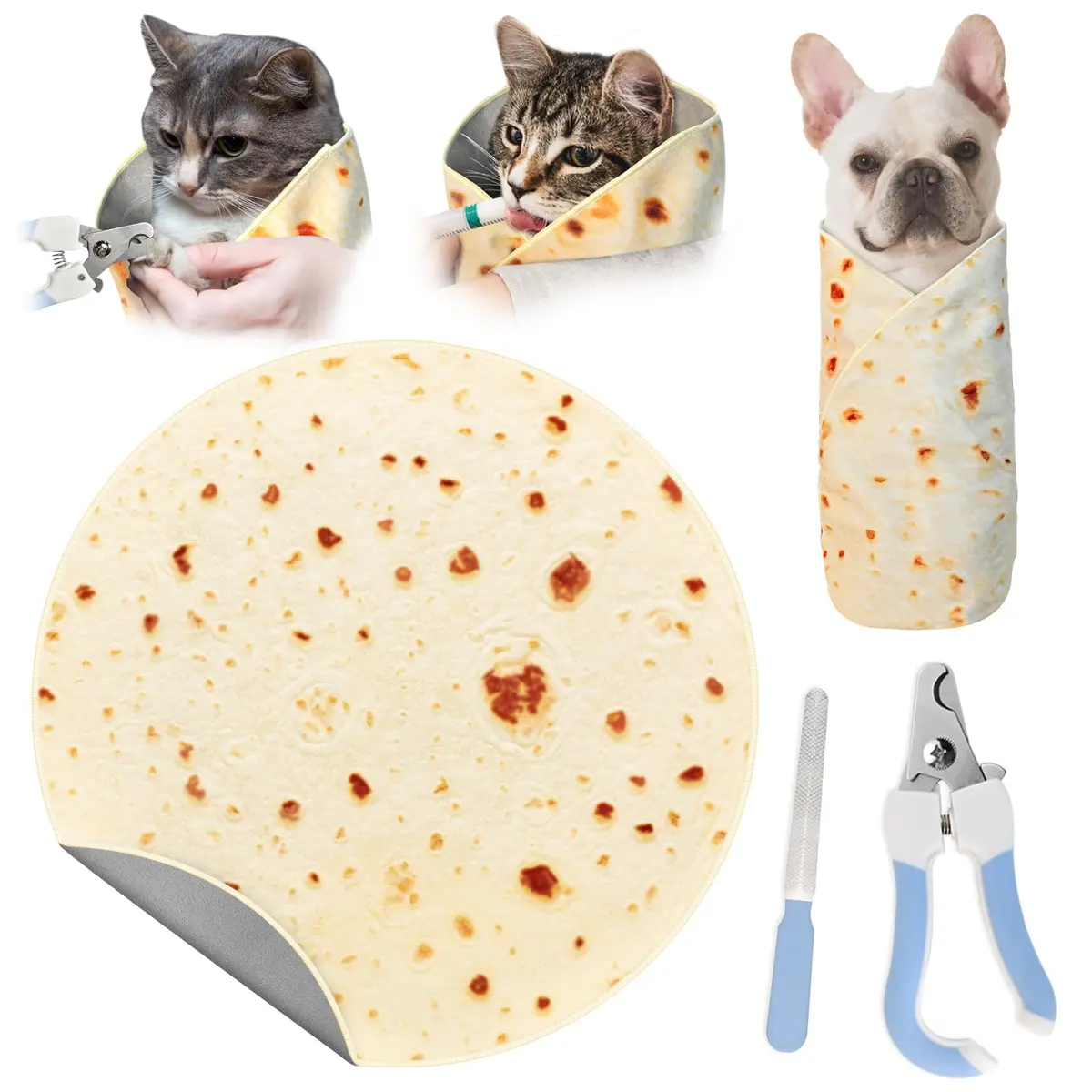 MASHDE 31.5" Tortilla Shape Blanket Cat Grooming Wrap for Cutting Nails | Soft Microfibre Restraint & Grooming Kit - main product image