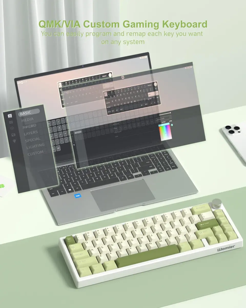 Womier WK61 V2 Mechanical Gaming Keyboard - 61 Keys Hot-Swappable Linear Red Switch, V-Green - view 3