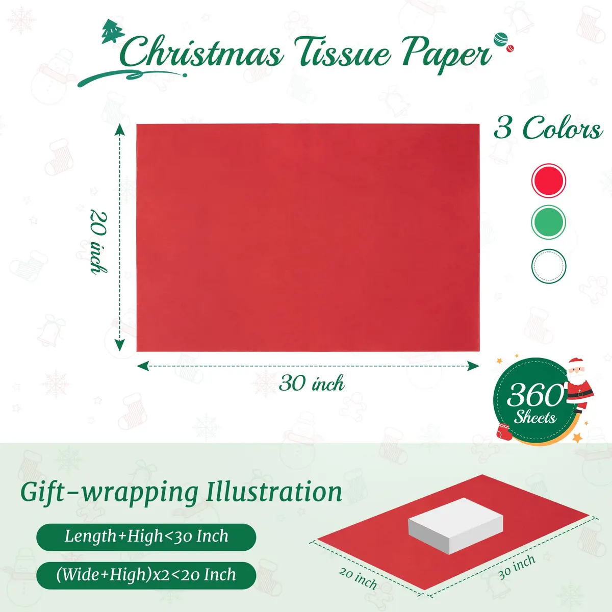 Simetufy Christmas Tissue Paper for Gift Bags 360 Sheets (20 x 30 Inches) | Red, Green, White Bulk Pack - view 3