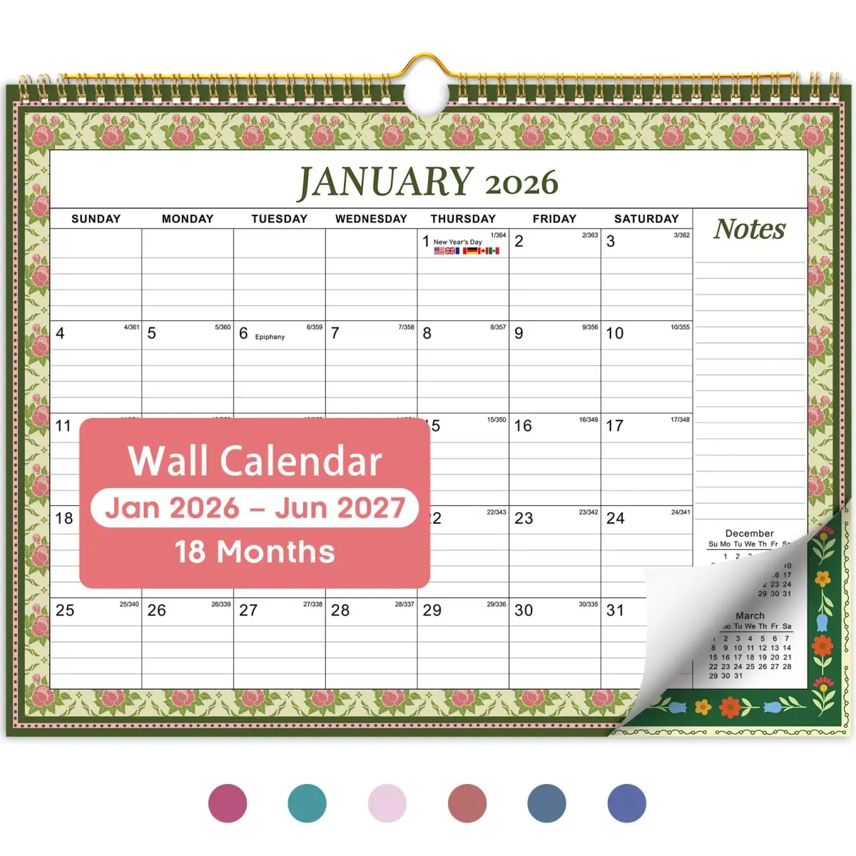 Taja 2026-2027 Wall Calendar 14.7" x 11.5" (36.8 cm x 29.2 cm) | 18-Month Floral Design - main product image
