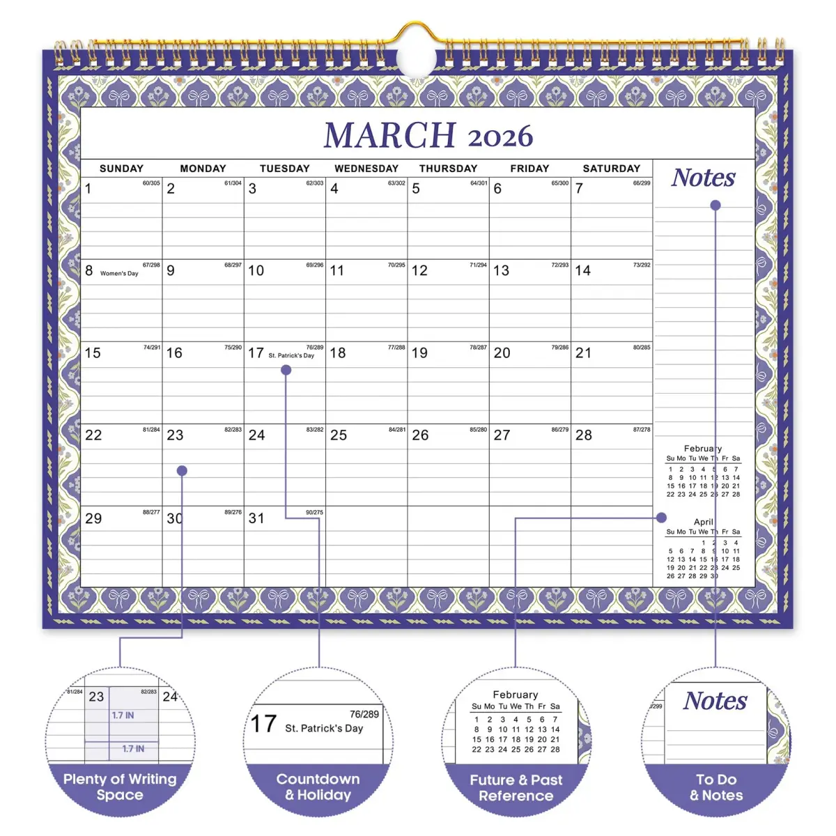 Taja 2026-2027 Wall Calendar 14.7" x 11.5" (36.8 cm x 29.2 cm) | 18-Month Floral Design - view 2