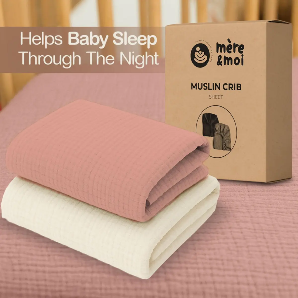 Mère & Moi 2-Pack Muslin Fitted Crib Sheets - Pink & Cream | Breathable 100% Cotton, Snug Fit - view 7