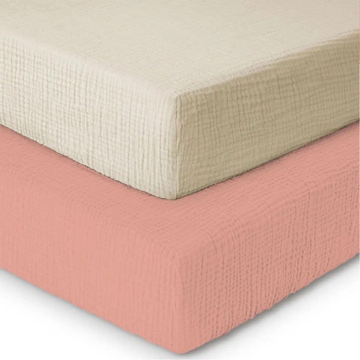 Mère & Moi 2-Pack Muslin Fitted Crib Sheets - Pink & Cream | Breathable 100% Cotton, Snug Fit - view 8
