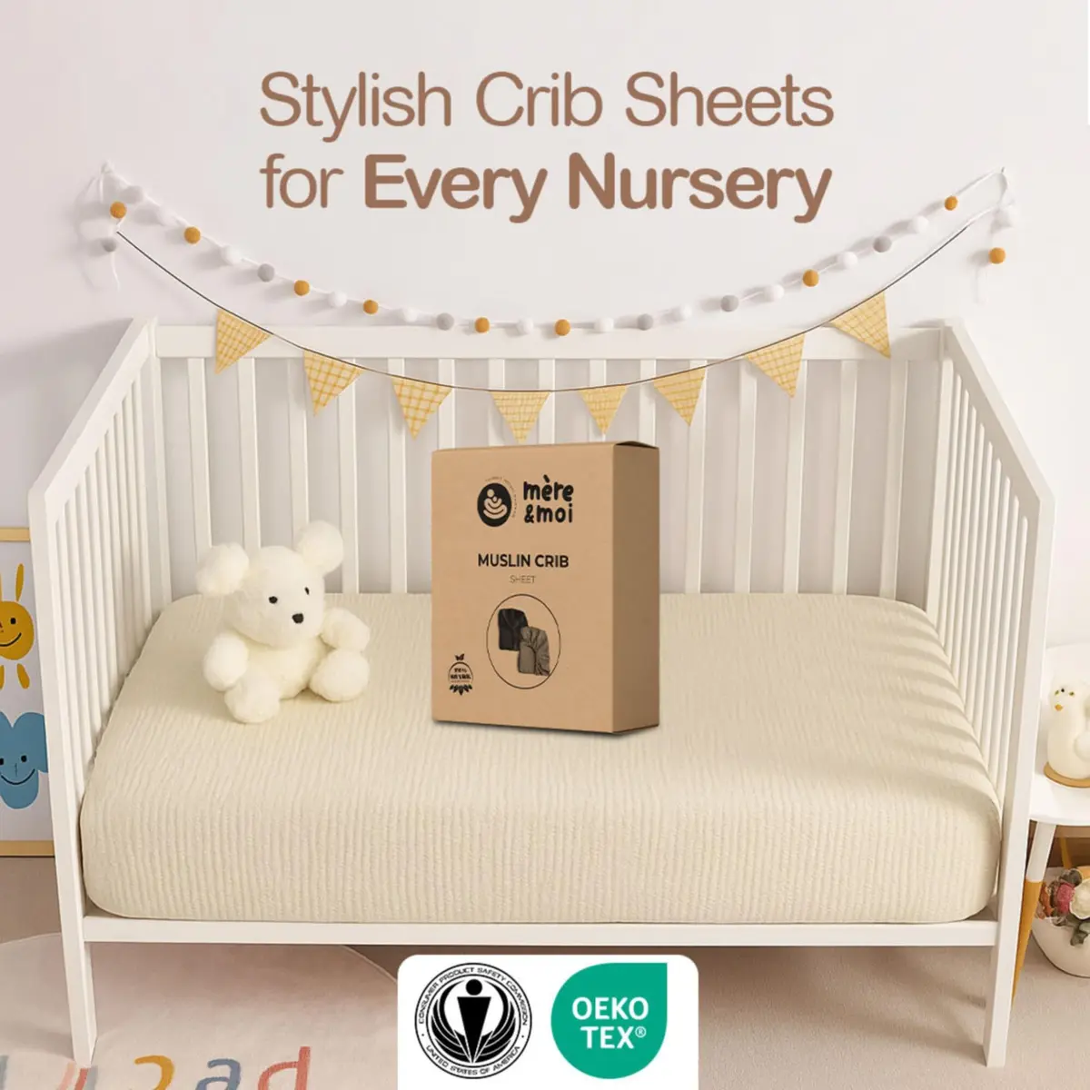 Mère & Moi 2-Pack Muslin Fitted Crib Sheets - Pink & Cream | Breathable 100% Cotton, Snug Fit - view 9