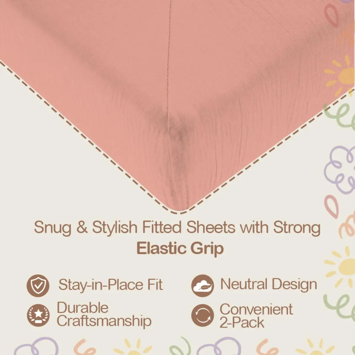 Mère & Moi 2-Pack Muslin Fitted Crib Sheets - Pink & Cream | Breathable 100% Cotton, Snug Fit - view 3