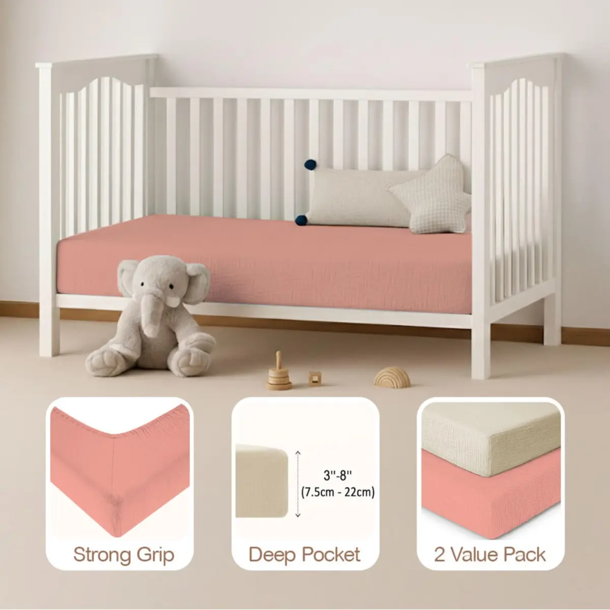 Mère & Moi 2-Pack Muslin Fitted Crib Sheets - Pink & Cream | Breathable 100% Cotton, Snug Fit - view 4