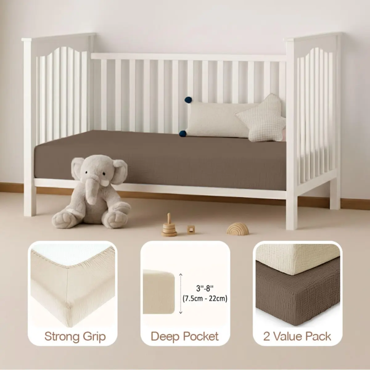 Mère & Moi 2 Pack Cotton Muslin Crib Sheets 28x52 | Breathable, Soft & Snug Fit - view 4