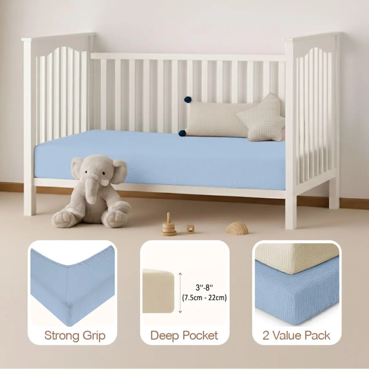 Mère & Moi 2 Pack Muslin Fitted Crib Sheets 28x52 | Breathable Cotton Bedding - view 4