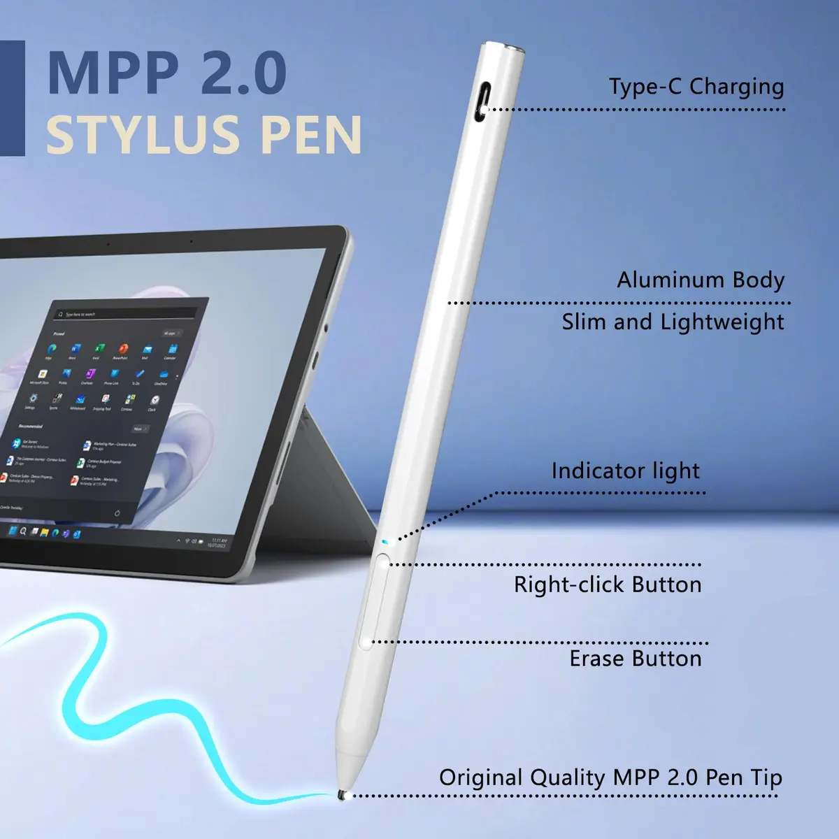 EVACH Rechargeable MPP 2.0 Tilt Pen for HP Laptops with 4096 Pressure Sensitivity, White - view 2